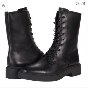 Vince Kady Lace-Up Leather Bootie ZIP BLACK LEATHER COMBAT 9 - Water Resistant